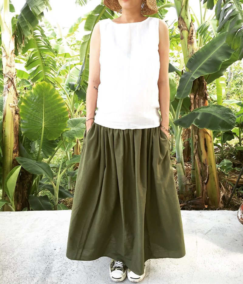 手工自然棉麻材质 迷彩军绿森林系长版口袋圆裙 - 裙子 - 棉．麻 绿色