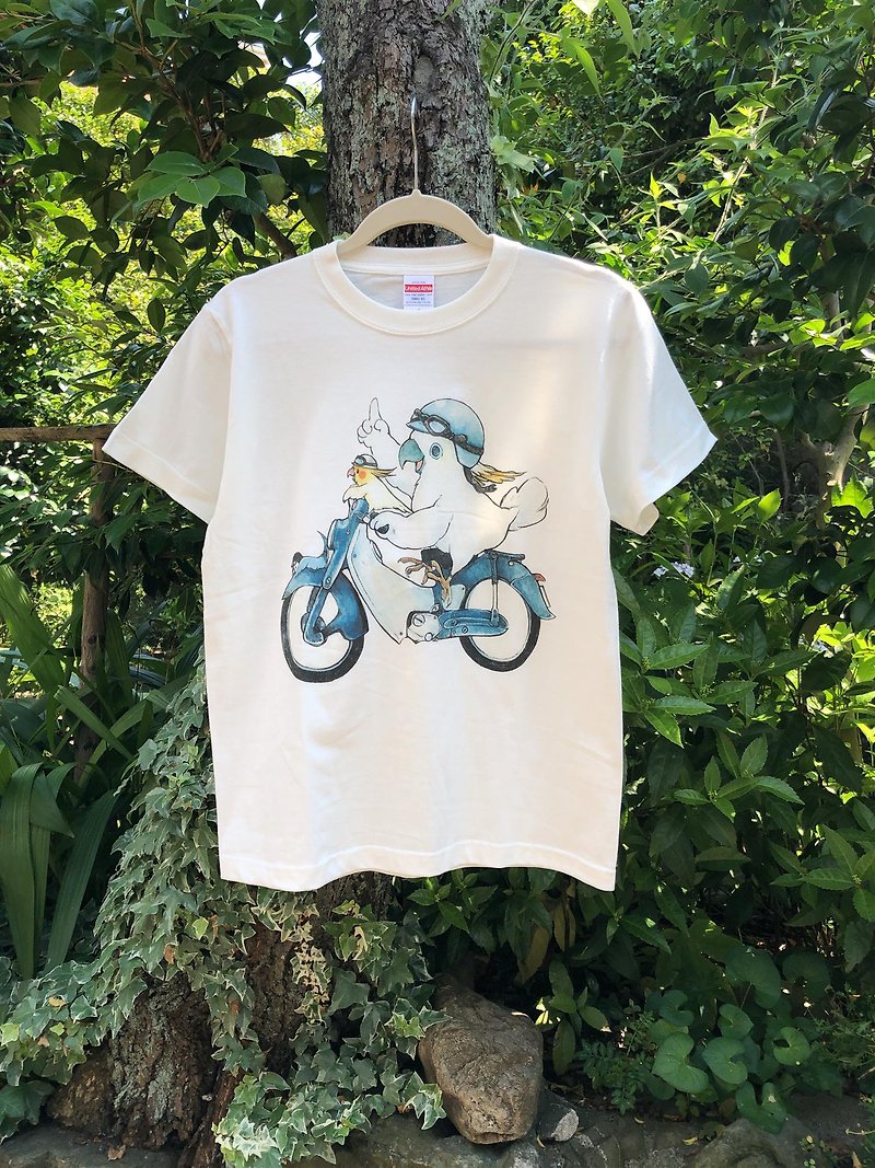 バイク×インコのTシャツ(青) - 女装 T 恤 - 棉．麻 