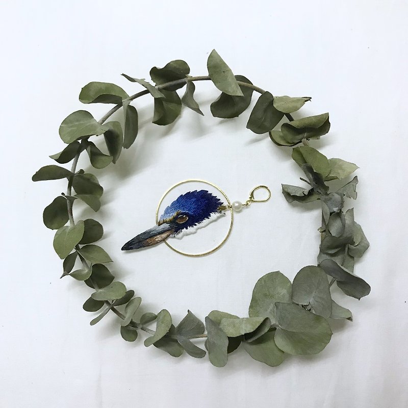 鸟の目 手工刺绣耳环 - 耳环/耳夹 - 绣线 蓝色