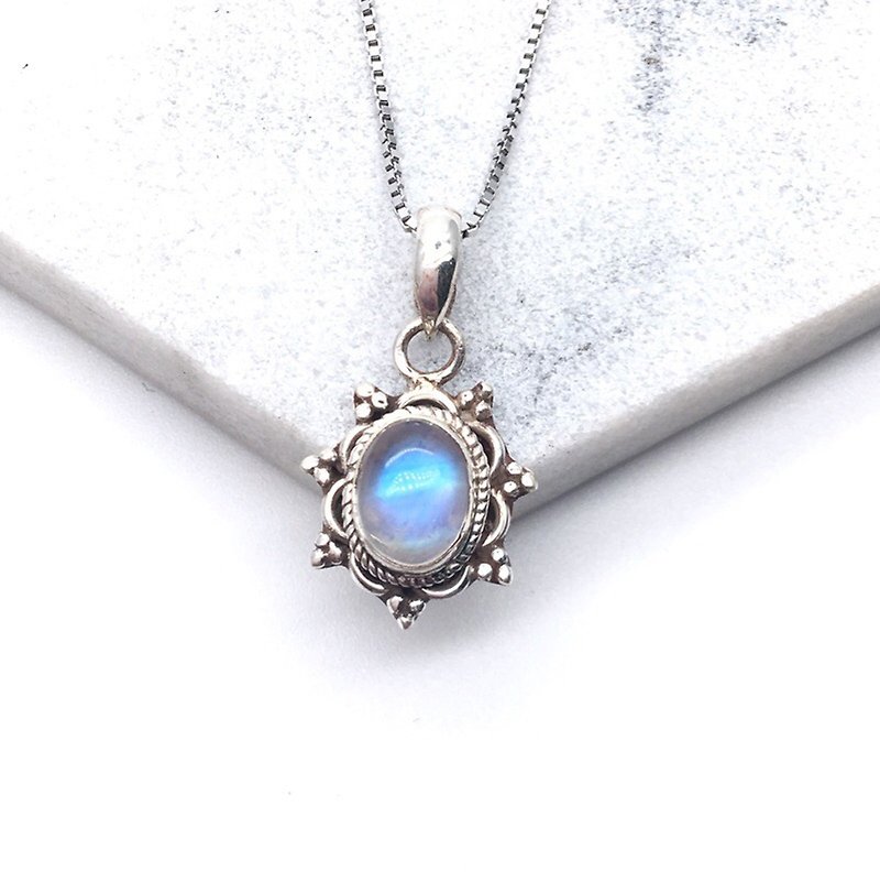 月光石925纯银典雅花边项链 尼泊尔手工镶嵌制作 - 项链 - 宝石 蓝色