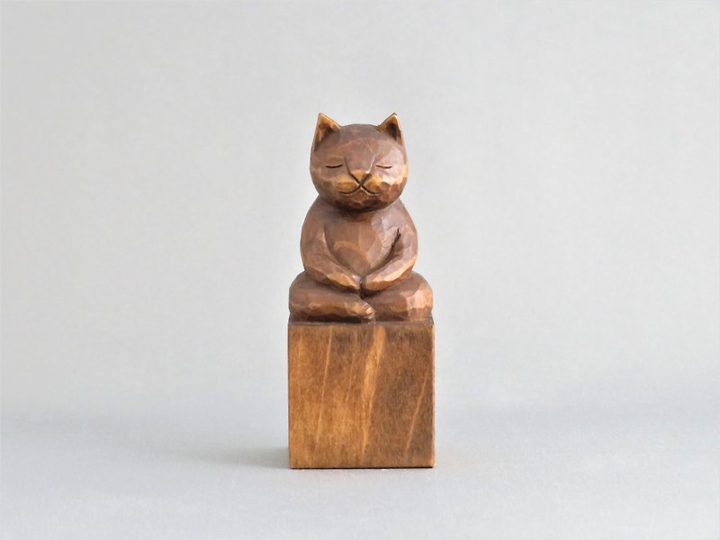 座禅猫　木彫り　猫仏さまA1120 - 摆饰 - 木头 咖啡色
