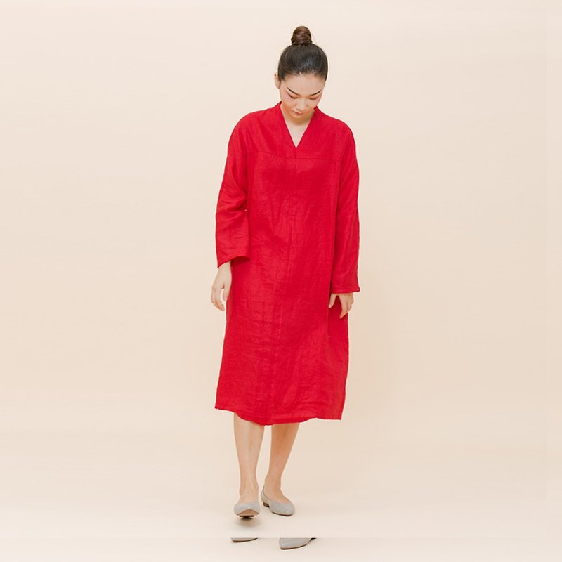 不服 中國風 紅色寬鬆長裙洋裝 過年 結婚 石榴花紅 D170615 - 旗袍 - 棉．麻 红色
