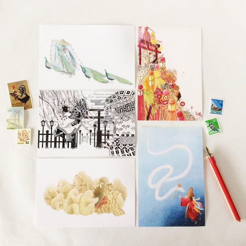 日本の情景 ポストカード5枚セット 孔雀 辰 猿 七夕祭り ヘビ 和 鳥 お面 着物 - 卡片/明信片 - 纸 白色