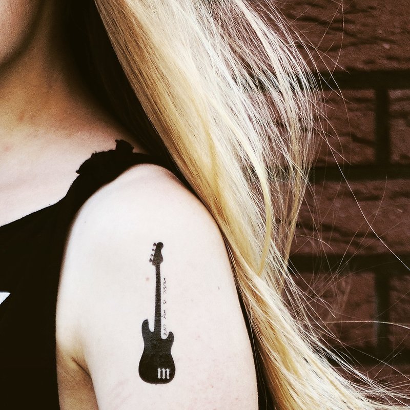 OhMyTat 音乐结他 Music Guitar 刺青图案纹身贴纸 (2 张) - 纹身贴 - 纸 黑色