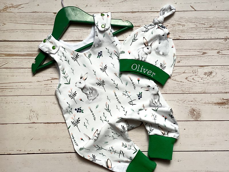 Bunny baby romper hat organic baby clothes animal outfit moon gift - 满月礼盒 - 棉．麻 绿色