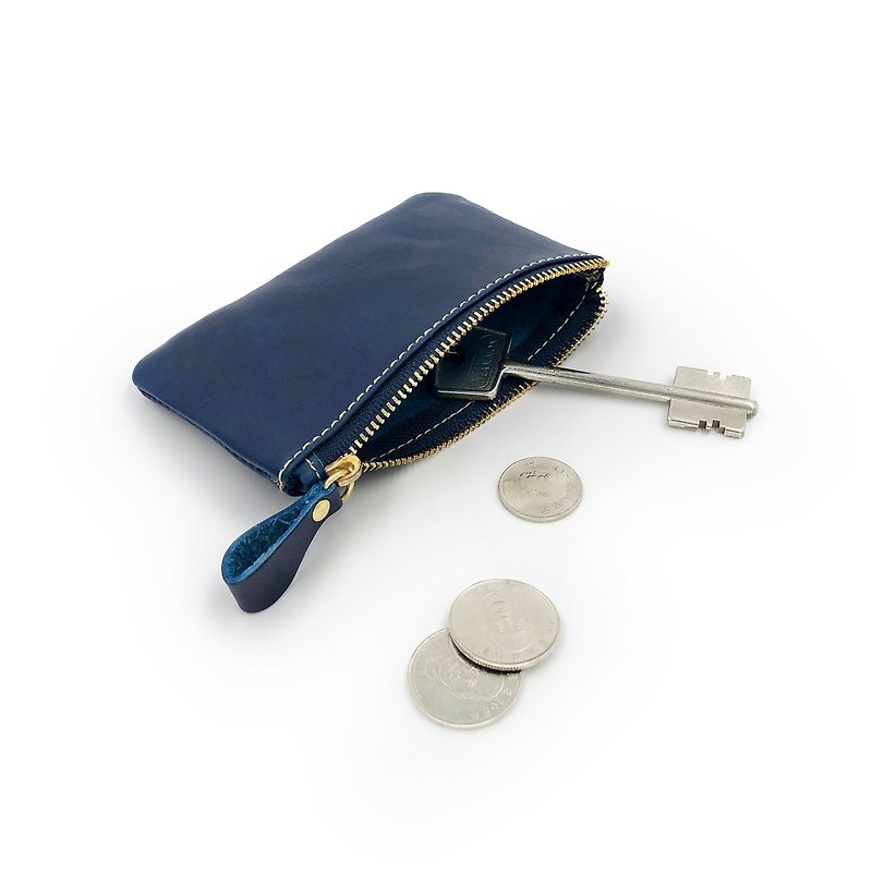 手工植鞣皮革-一字拉链包 leather wallet - 零钱包 - 真皮 蓝色