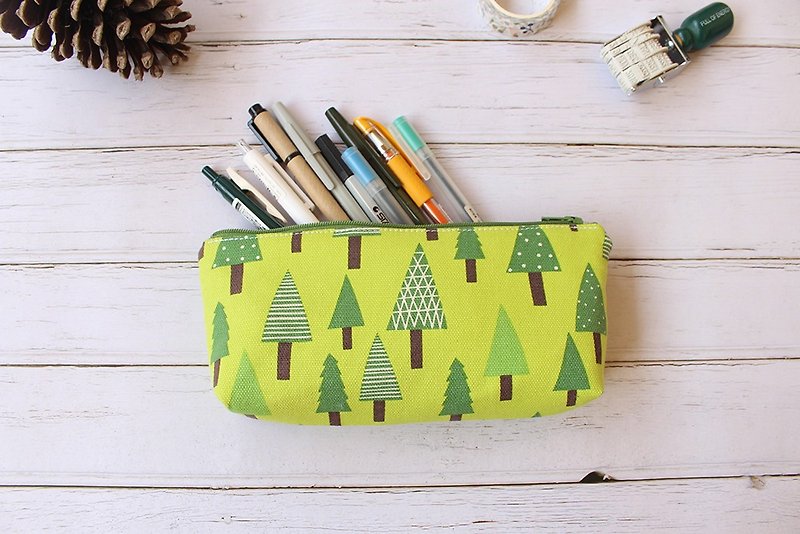森林小树笔袋(中)/收纳袋 铅笔盒 化妆包 - 铅笔盒/笔袋 - 棉．麻 绿色