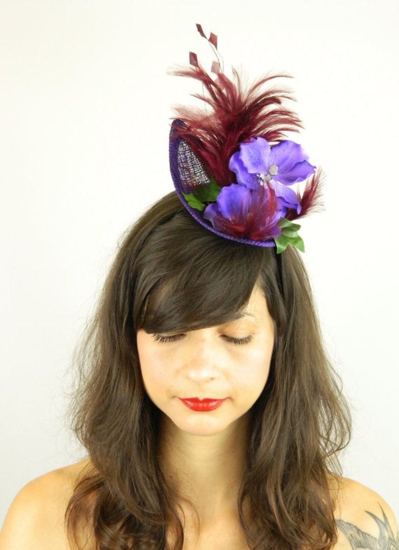 Fascinator Headpiece Feathered with Purple Blue Orchid and Feathers Statement - 发饰 - 其他材质 紫色