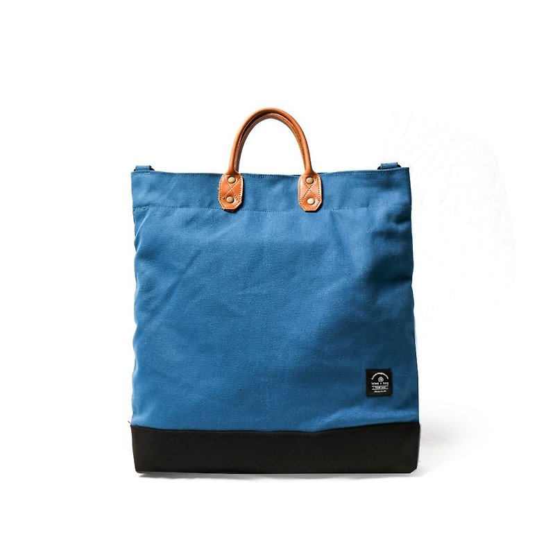 【出清品】简约L号真皮帆布购物袋 手提 含背带 天空蓝 - 侧背包/斜挎包 - 棉．麻 蓝色