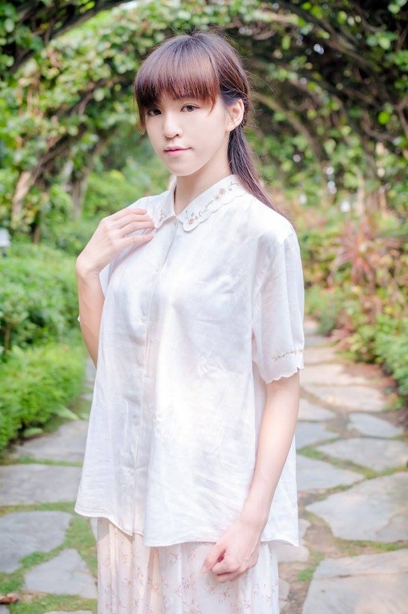 古着｜森林系绣花衬衫 - 女装衬衫 - 其他材质 白色