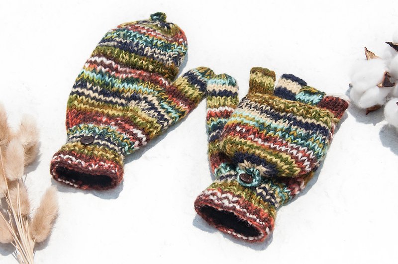 手织纯羊毛针织手套/可拆卸手套/内刷毛手套/保暖手套-渐层绿森林 - 手套 - 羊毛 绿色