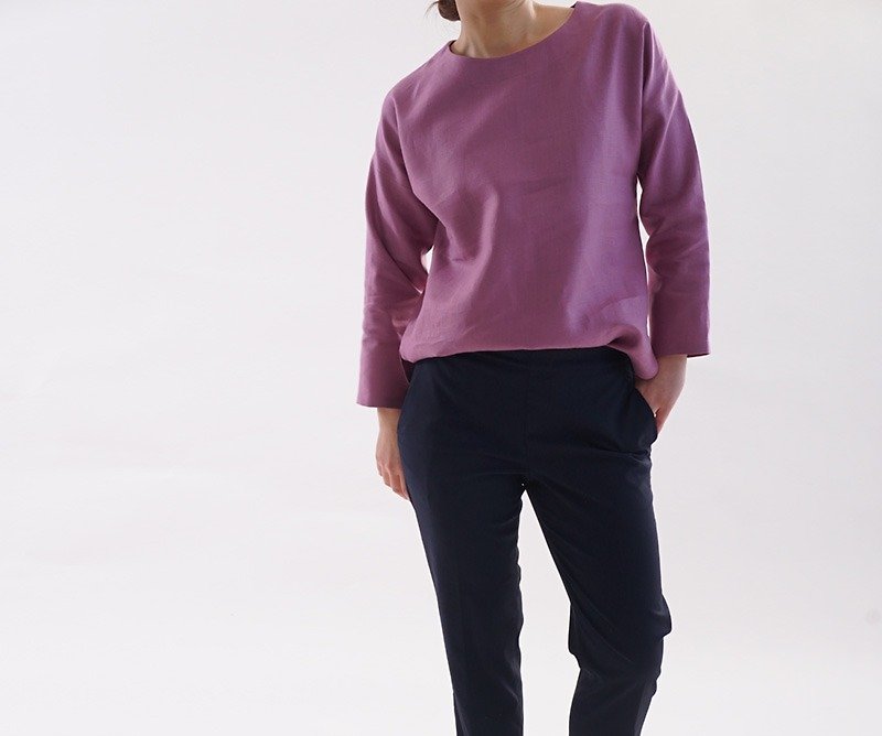 ベルギーリネン ドロップショルダー 裾丸トップス /ブーガンヴィレ t001e-bvl2 - 女装上衣 - 棉．麻 紫色