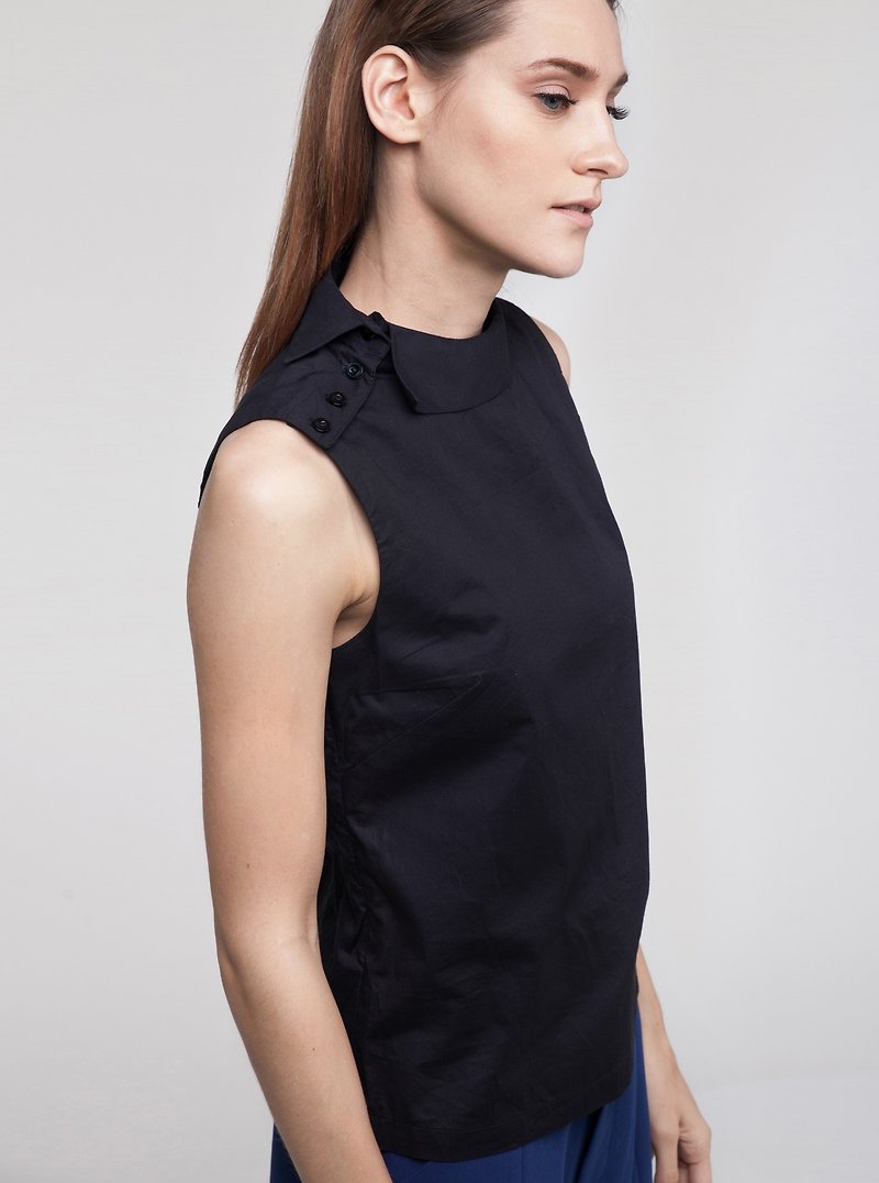 Black Side Collar Sleeveless Top (100% Japanese Cotton) - 女装上衣 - 棉．麻 黑色