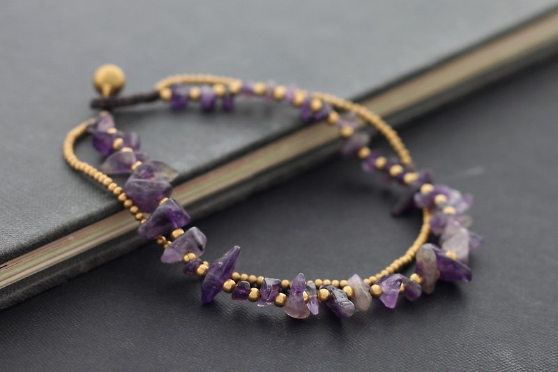 紫水晶绞线脚链石串珠脚链原始黄铜串珠编织紫色 - 脚链/脚环 - 石头 紫色
