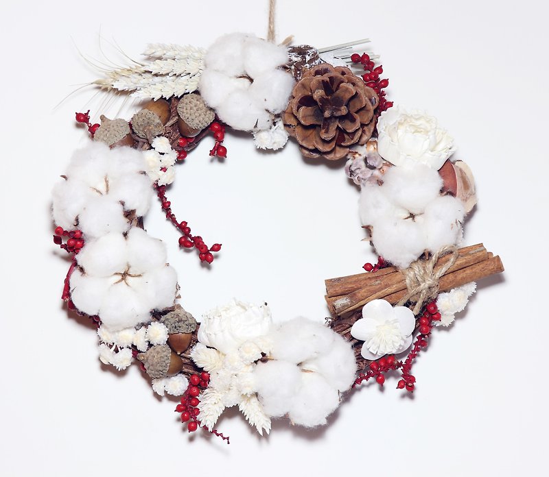 雪白棉花圣诞花圈/圣诞礼物/交换礼物 - 干燥花/捧花 - 植物．花 白色