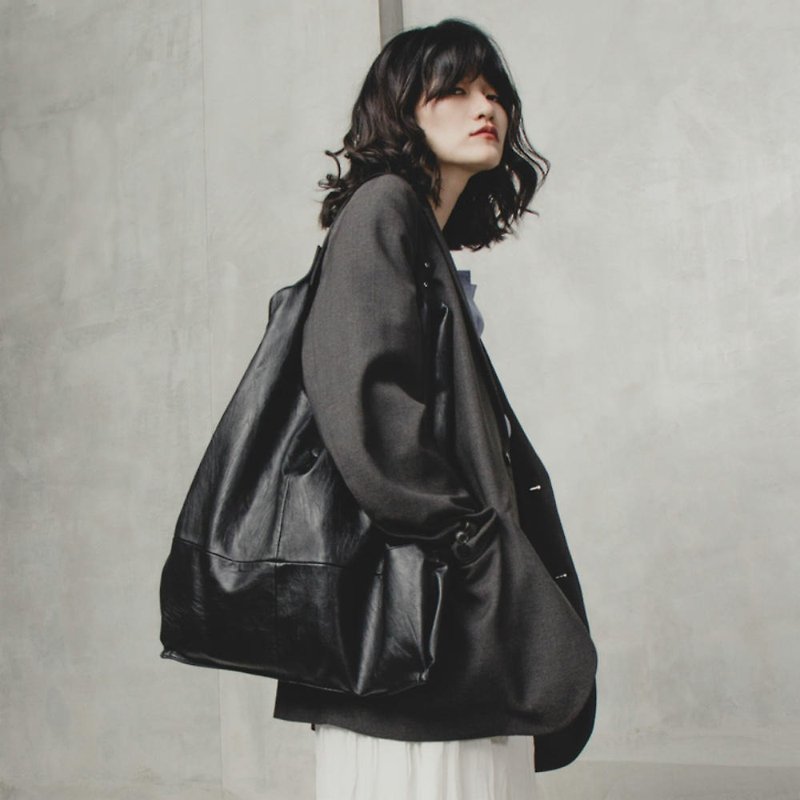 黑色 超大容量酷兜子 環保PU皮革購物袋托特包 休閑單肩側背包 - 侧背包/斜挎包 - 人造皮革 黑色