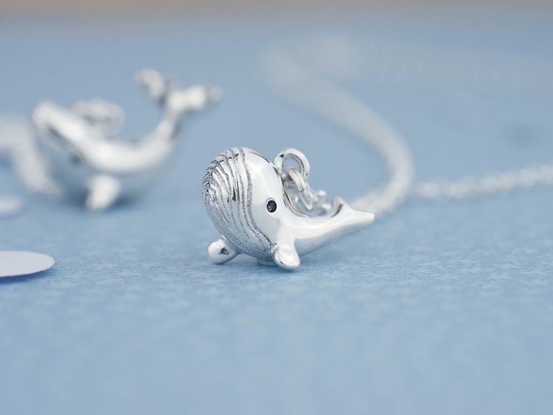 圆圆头鲸鱼 | 细项链 925纯银 可爱动物 手工银饰 情人礼物 - 项链 - 纯银 银色