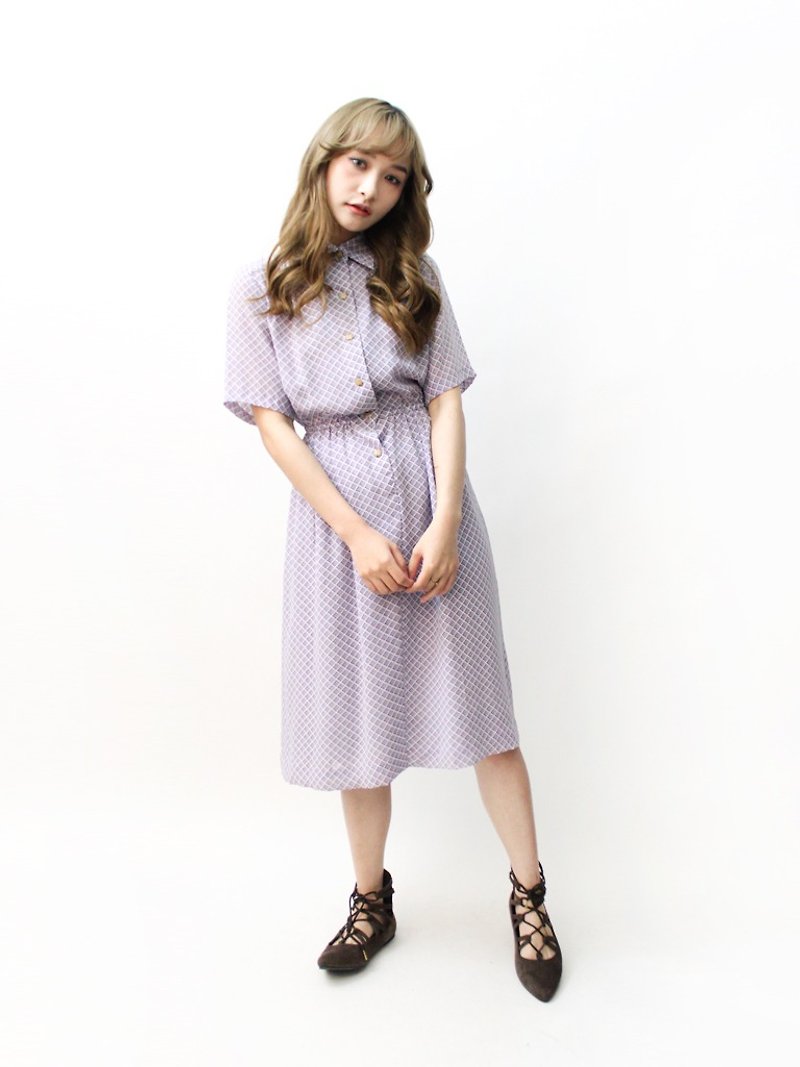 【RE0503D1126】日本制甜美复古粉紫色格子格纹短袖春夏古着洋装 - 洋装/连衣裙 - 聚酯纤维 紫色