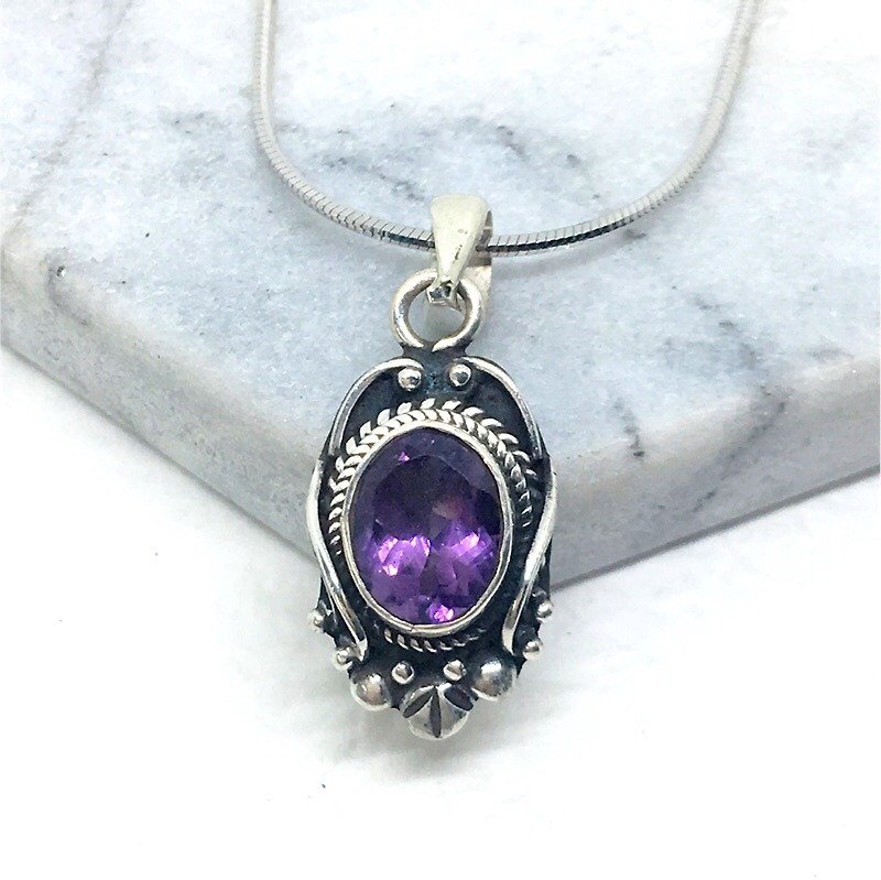 紫水晶925纯银复古魔镜风格项链 尼泊尔手工镶嵌制作 - 项链 - 宝石 紫色