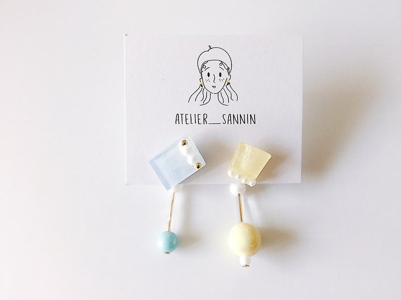 彩彩亮片系列-蓝黄珍珠 两戴 耳针 手工耳环 - 耳环/耳夹 - 其他材质 蓝色