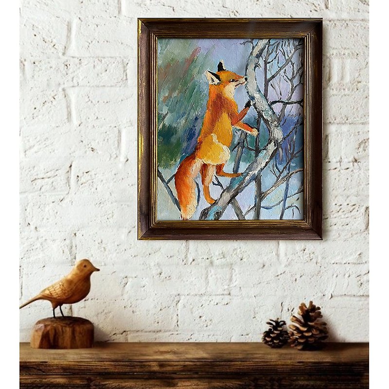 红狐手绘带框油画/动物原画/野生动物 - 海报/装饰画/版画 - 木头 