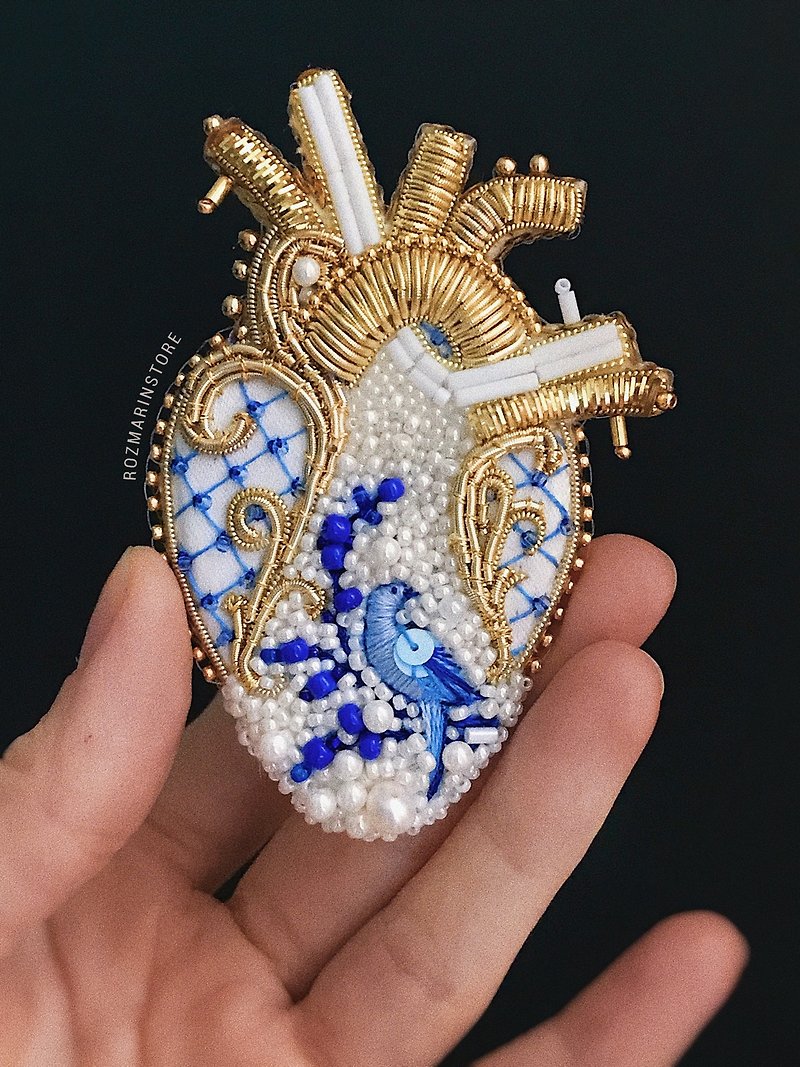 Brooch Beaded Heart Boho handmade Embroidered, Human Anatomical heart pin