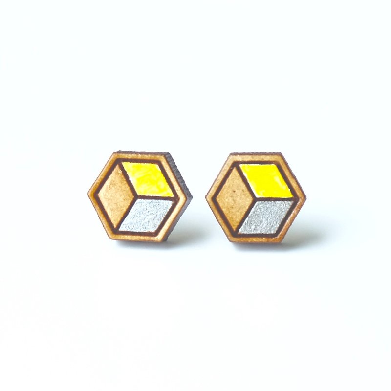 彩绘木耳环-几何六角(银黄) - 耳环/耳夹 - 木头 黄色