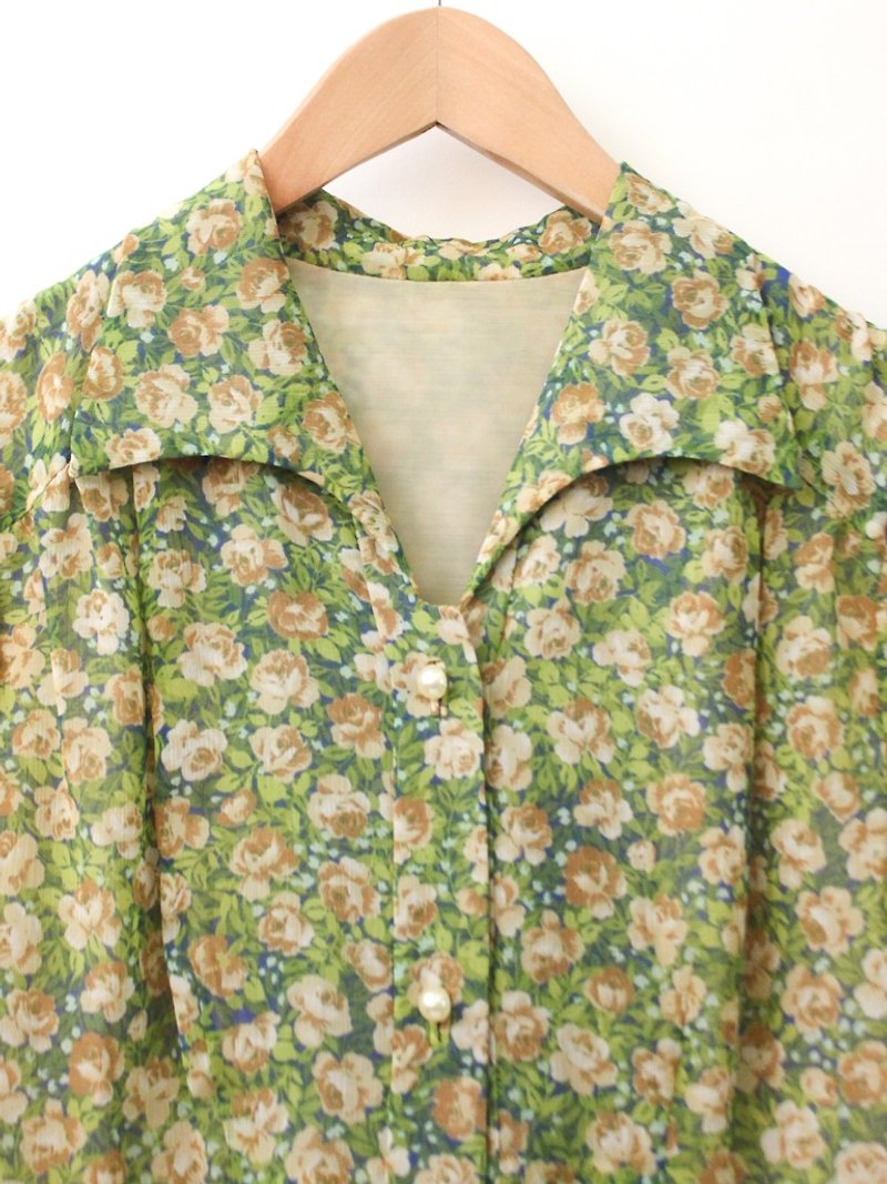 70s复古翻领绿色碎花短袖古着洋装VintageDress - 洋装/连衣裙 - 聚酯纤维 绿色