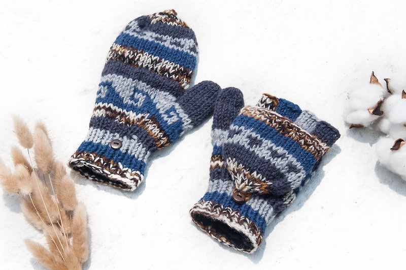 手织纯羊毛针织手套/可拆卸手套/内刷毛手套/保暖手套-渐层海浪 - 手套 - 羊毛 多色