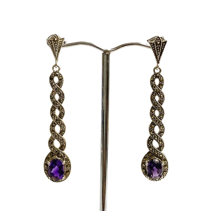 Art Deco Style Amethyst with Marcasite Large Spiral Earrings 925 Sterling Silver - 耳环/耳夹 - 纯银 银色