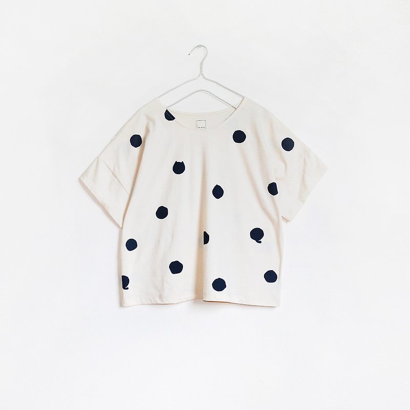 polka dot cat crop t-shirt : natural - 女装 T 恤 - 棉．麻 白色
