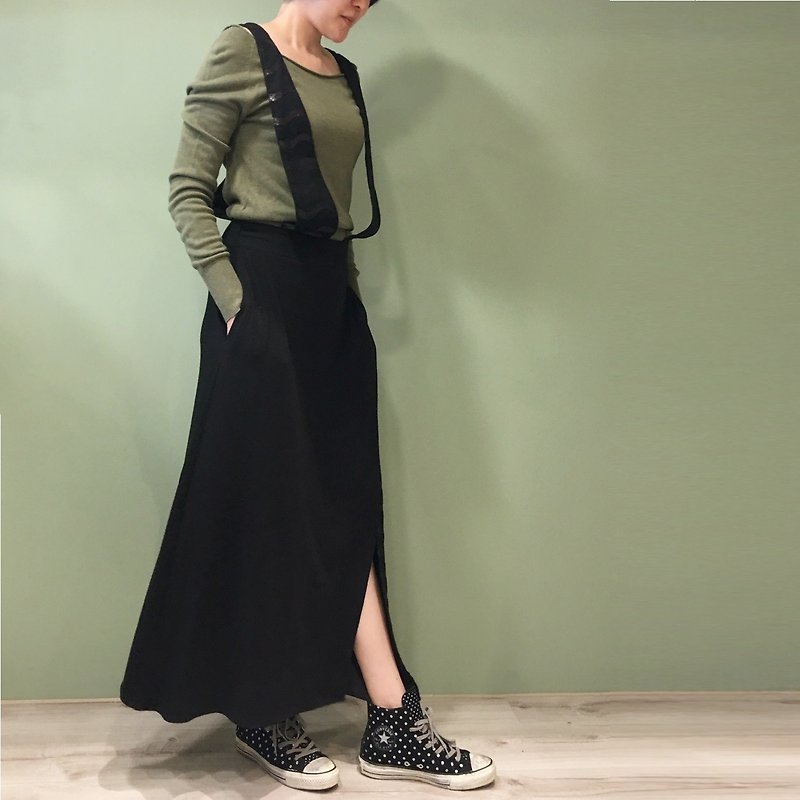 【Skirt】吊带拼接开叉长裙_黑 - 裙子 - 棉．麻 黑色