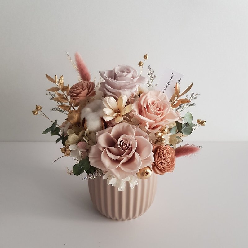 永生花+干燥花|微微金奶茶|永生玫瑰盆花|万用祝贺 生日 乔迁 - 干燥花/捧花 - 植物．花 粉红色