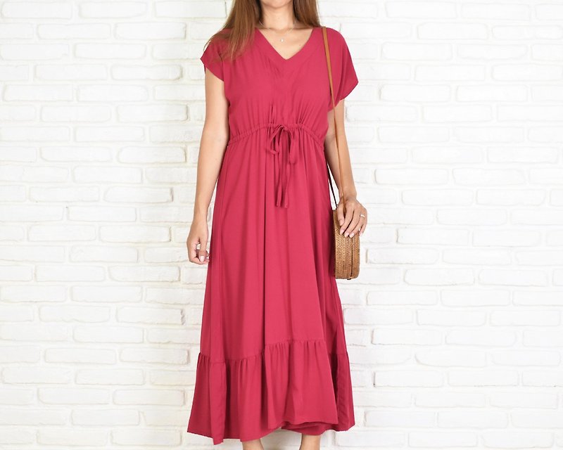 フレンチスリーブフリルワンピース - 洋装/连衣裙 - 其他材质 红色