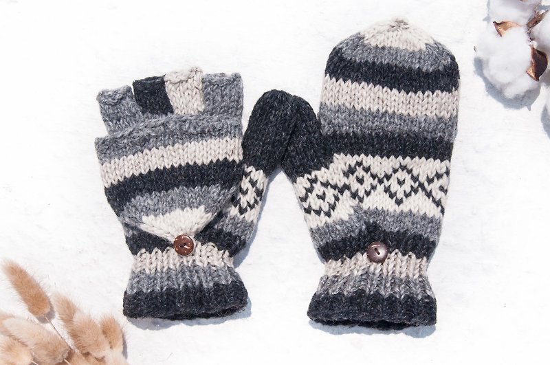 手织纯羊毛针织手套/可拆卸手套/内刷毛手套/保暖手套-日本时尚色 - 手套 - 羊毛 多色