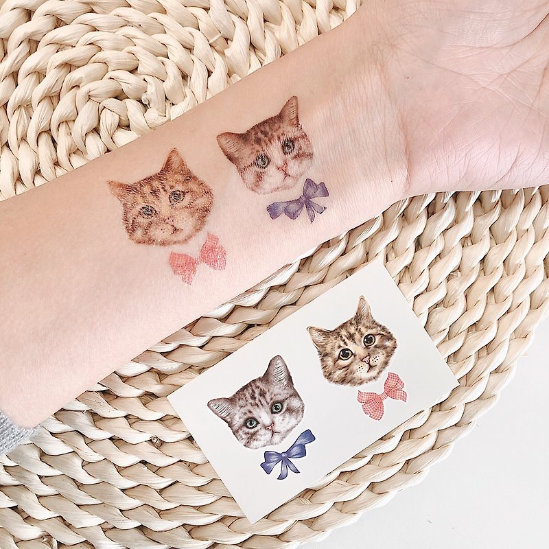 領結大頭貓-2入紋身貼紙 原創手繪設計 - 纹身贴 - 纸 咖啡色