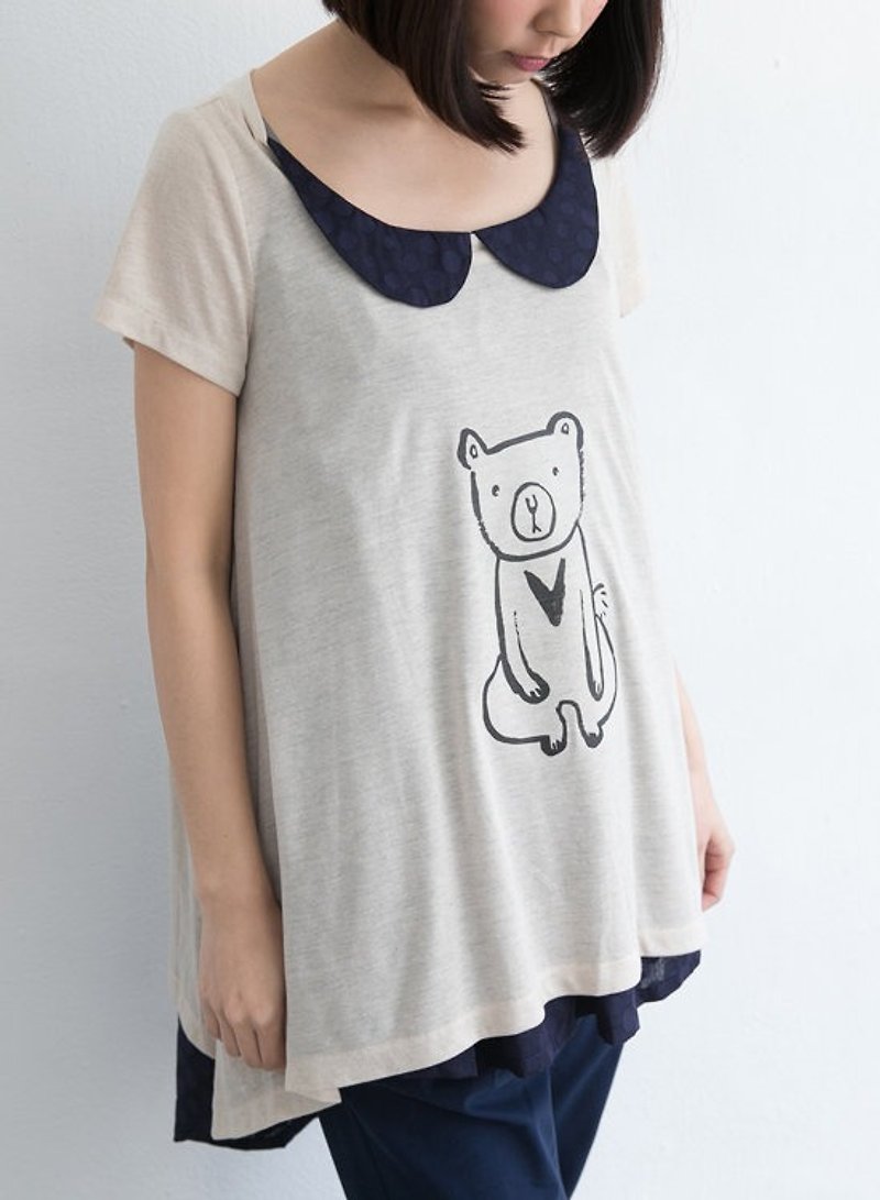 夏日特惠-狮子图案T麻扇形短上衣 - 女装 T 恤 - 棉．麻 