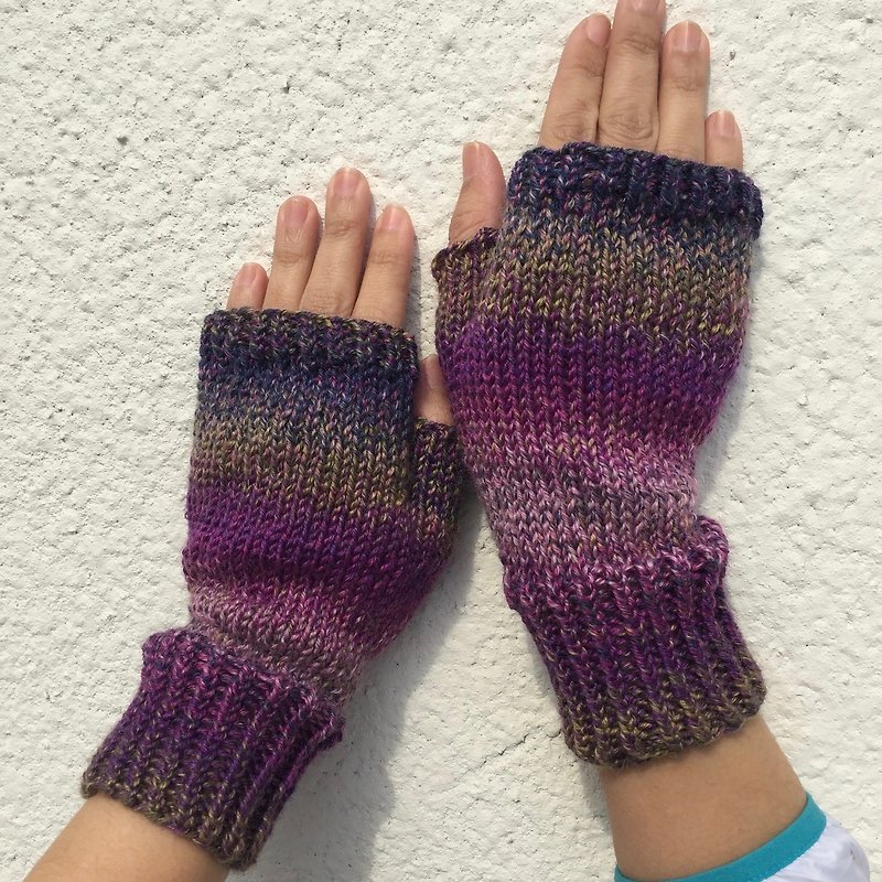 晓织物-手工编织羊毛露指手套-紫鸢 - 手套 - 羊毛 紫色