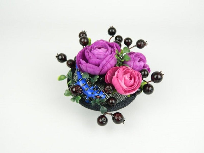 Headpiece Fascinator Cocktail Hat with Silk Flowers, Berries, Spotted Lizard - 发饰 - 其他材质 紫色
