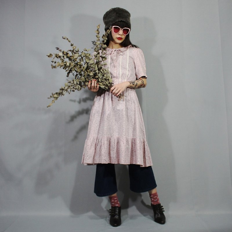 (包邮)(Vintage洋装)粉红色小花花日本古着洋装(婚礼/生日礼物)F3213 - 洋装/连衣裙 - 棉．麻 粉红色