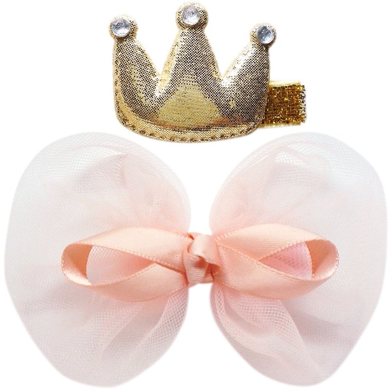皇冠与雪纺蝴蝶结发夹两入组 全包布手工发饰Crown & Bow-Peach - 发饰 - 聚酯纤维 橘色