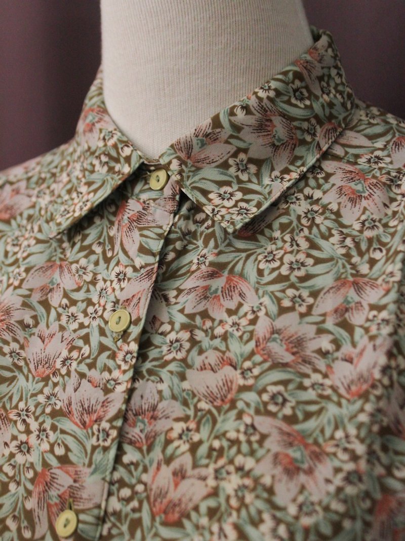 复古典雅碎花朵褐绿色长袖古着衬衫 Vintage Blouse - 女装衬衫 - 聚酯纤维 绿色