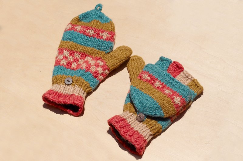 圣诞礼物 创意礼物 限量一件手织纯羊毛针织手套 / 可拆卸手套 / 保暖手套(made in nepal) - 西班牙童趣色 马赛克图腾 - 手套 - 羊毛 多色