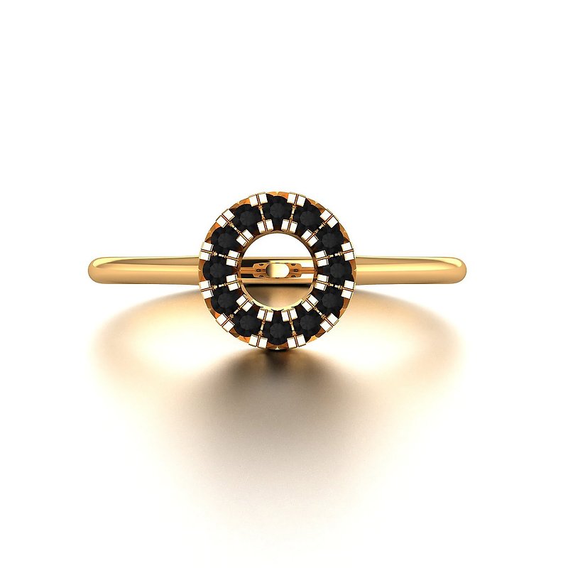【黑钻系列】纯18K金圆形魅力黑钻石戒指 手工制轻珠宝 R054 - 戒指 - 钻石 黑色