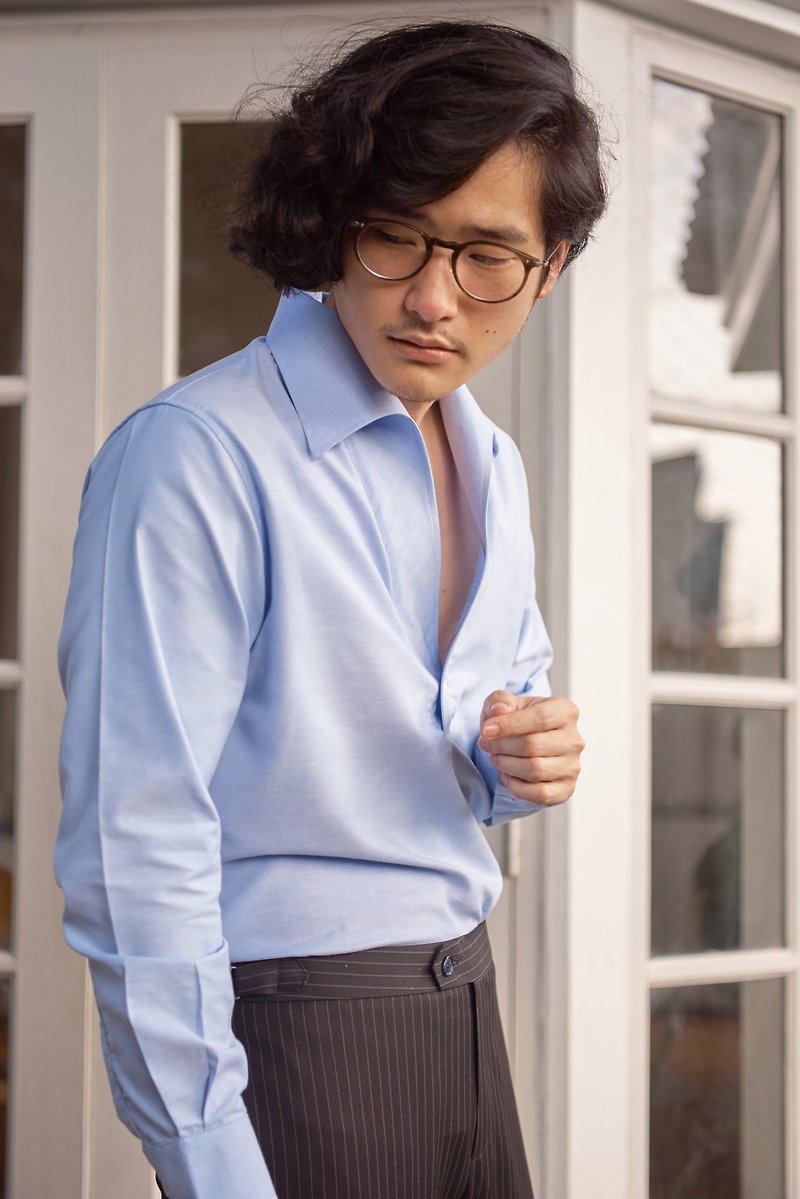 White shirt with grey elbow patch - 男装衬衫 - 棉．麻 多色
