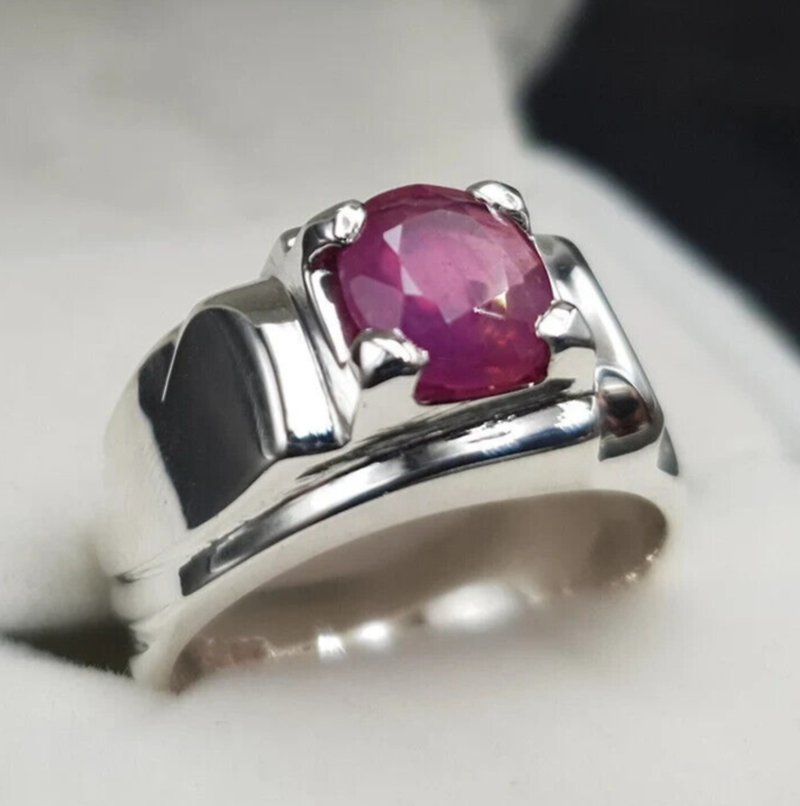 男士天然红宝石戒指 925 纯银 Yakoot 戒指真正红宝石戒指男式 - 戒指 - 宝石 紫色