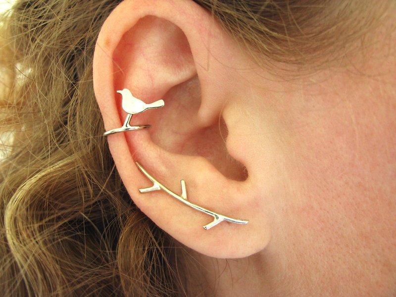twig ear climber earrings, silver ear crawlers - 耳环/耳夹 - 铜/黄铜 银色