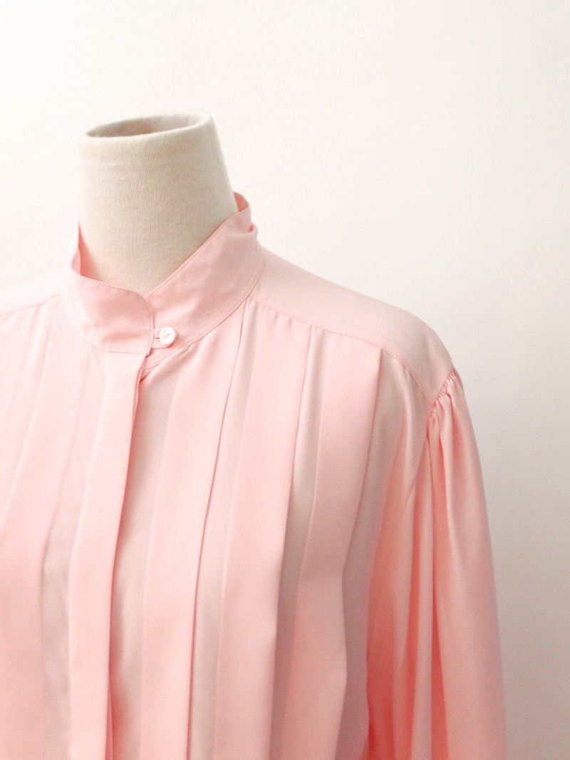 复古欧洲百搭典雅剪裁樱花粉宽松长袖古着衬衫 - 女装衬衫 - 聚酯纤维 粉红色