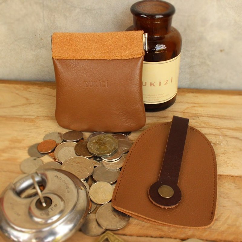 Set of Coin Bag & Key Case - Tan + Brown Strap (Genuine Cow Leather) - 零钱包 - 真皮 