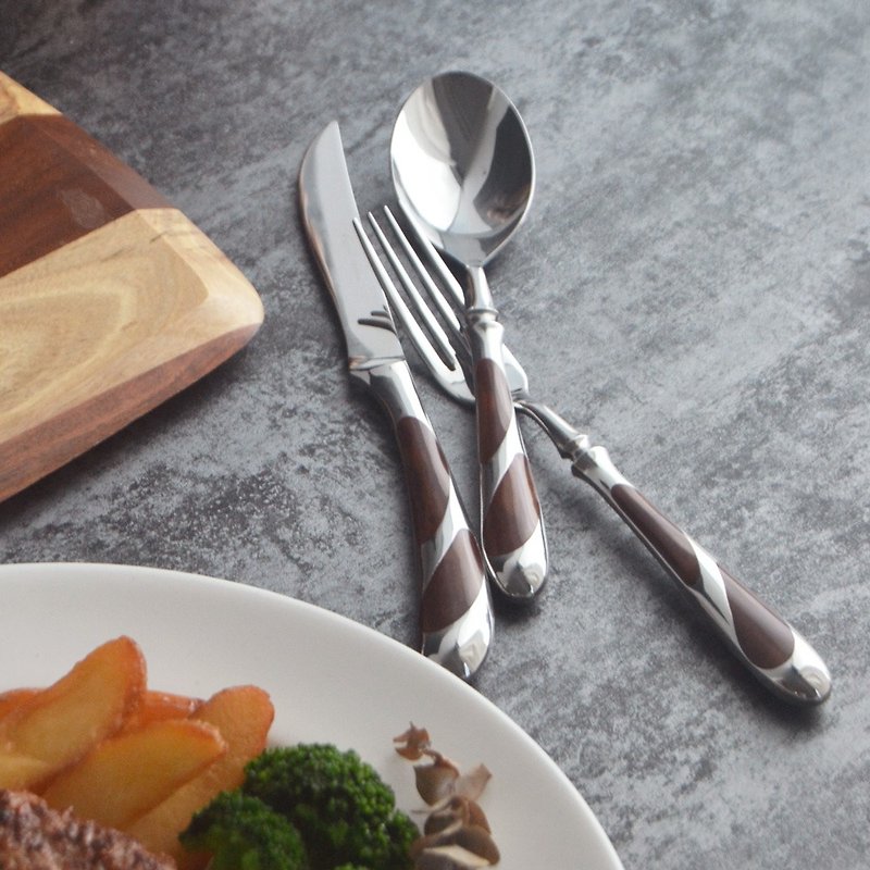 【日本制】SALUS 不锈钢天然镶木餐具 - 餐刀/叉/匙组合 - 不锈钢 